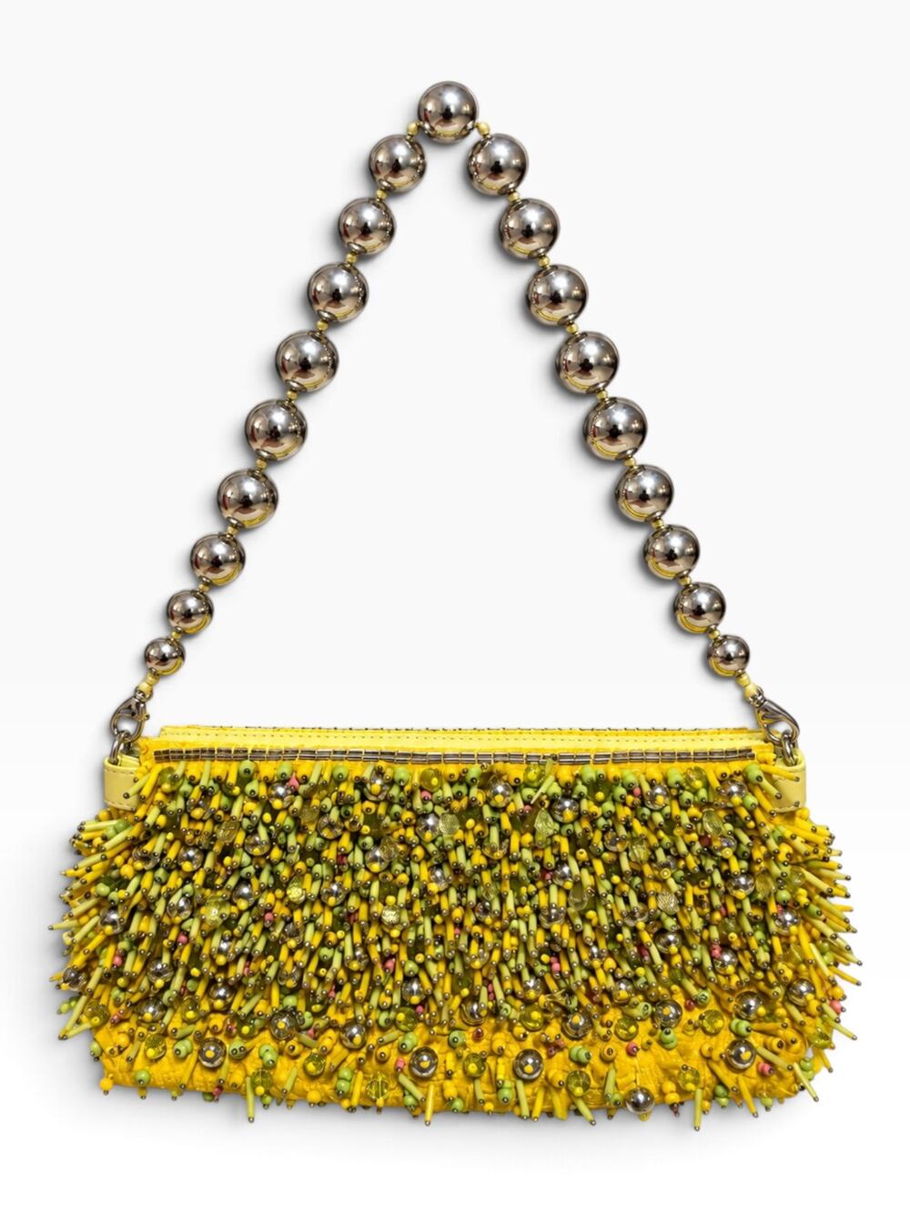Dries Van Noten Yellow Beaded Embellished Clutch Bag Ball Strap